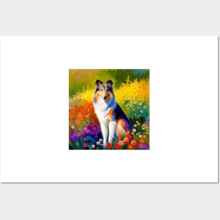 Rough Collie in a Flower Field Posters and Art